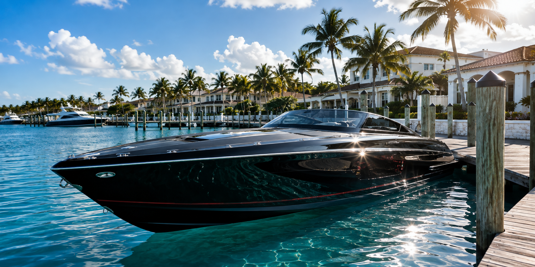 Glossy black performance boat at a Florida marina