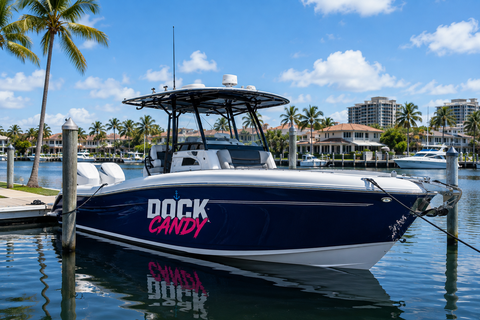 Glossy black performance boat at a Florida marina